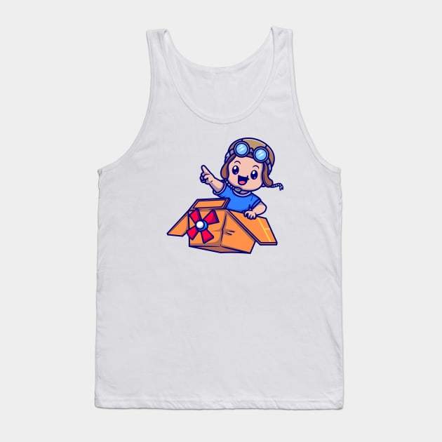 Cute Boy Pilot Driving Cardboard Plane Cartoon Tank Top by Catalyst Labs